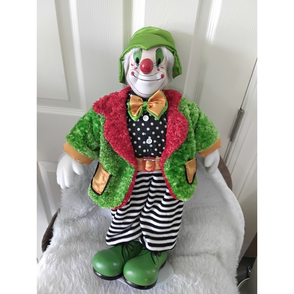 Vintage‎ 24 Inch Porcelain Clown Doll Green Fuzzy Jacket Striped Pants Stand